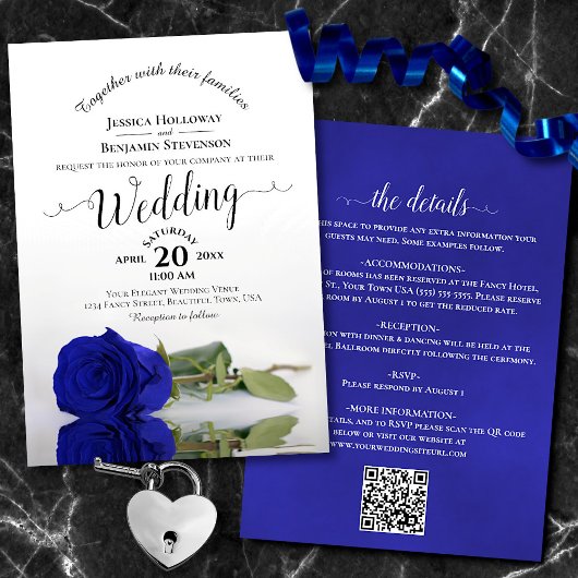 Invitation Calligraphie de Posh Royal Blue Rose QR Code Maria