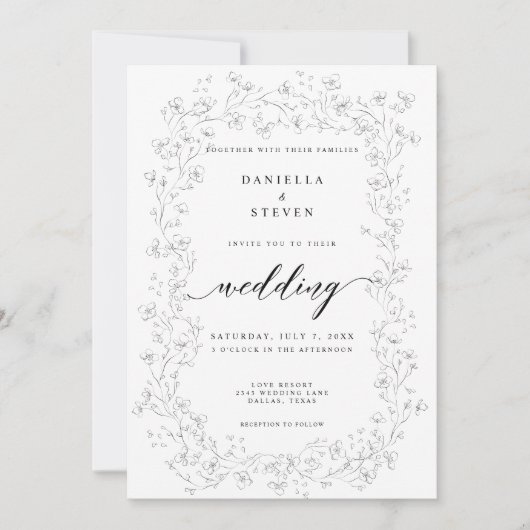 Invitation Calligraphie de script classique Mariage noir blan (Devant)