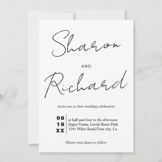 Invitation Calligraphie de script moderne mariage noir et bla (Devant)