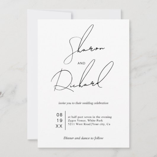 Invitation Calligraphie de script moderne noir blanc mariage  (Devant)