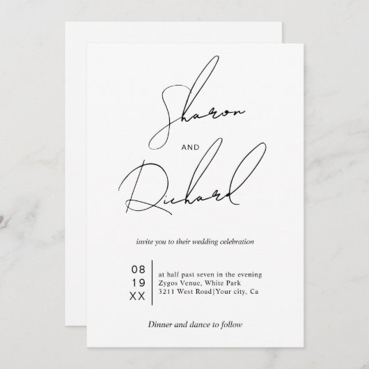 Invitation Calligraphie de script moderne noir blanc mariage  (Devant / Derrière)