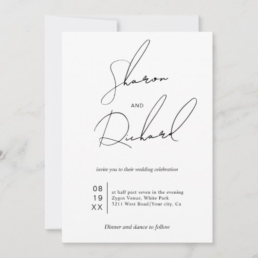 Invitation Calligraphie de script moderne noir, mariage blanc (Devant)