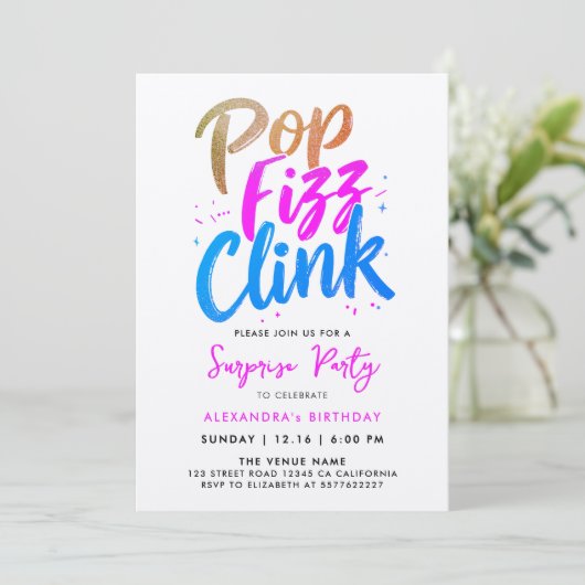 Invitation Calligraphie de style Pop Fizz Clink Rose Bleu (Debout devant)