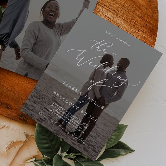 Invitation Calligraphie délicate Dark Photo Overlay Mariage