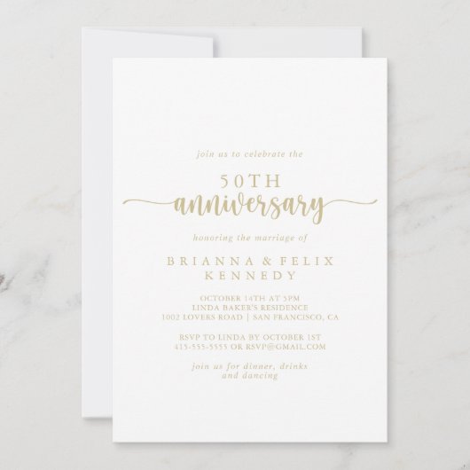 Invitation Calligraphie d'or 50e anniversaire du Mariage (Devant)
