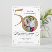 Invitation Calligraphie d'or blanc photo 50e anniversaire (Debout devant)