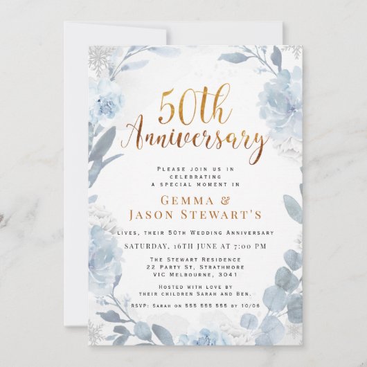 Invitation Calligraphie d'or bleu 50e anniversaire du Mariage (Devant)