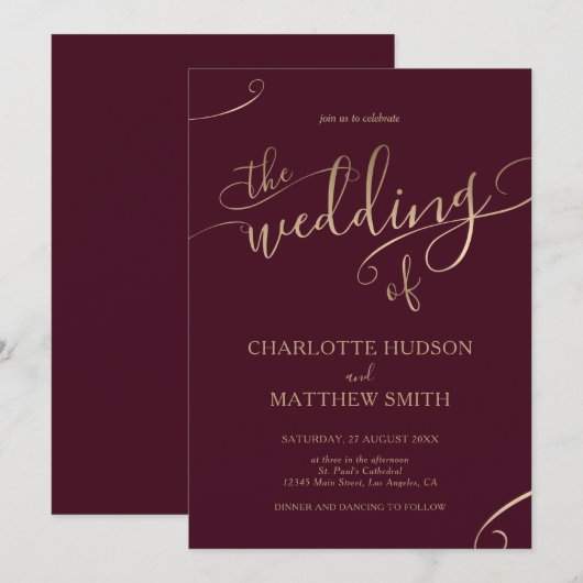 Invitation Calligraphie d'or | Bourgogne (Devant / Derrière)