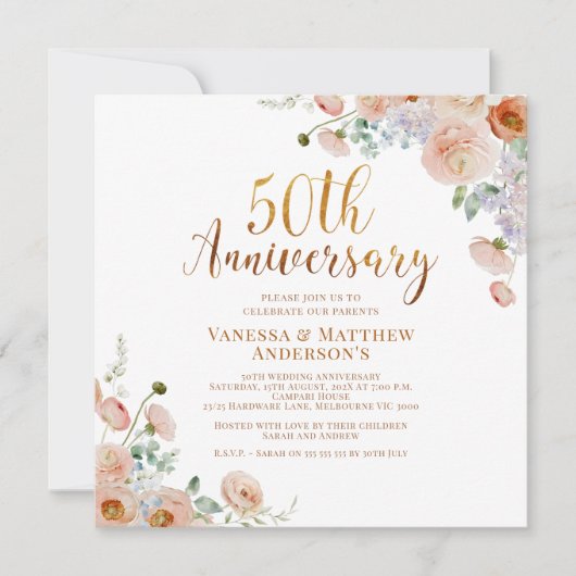 Invitation Calligraphie d'or fleur sauvage Faux 50e anniversa (Devant)