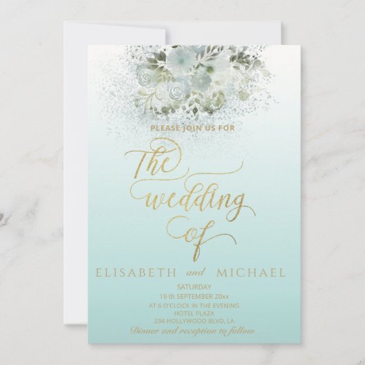 Invitation Calligraphie d'or floral bleu puriste (Devant)