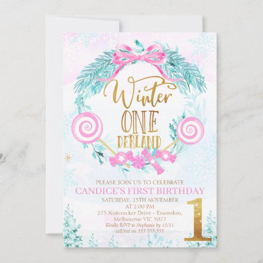Invitation Calligraphie d'or Hiver Un derland Anniversaire In (Devant)