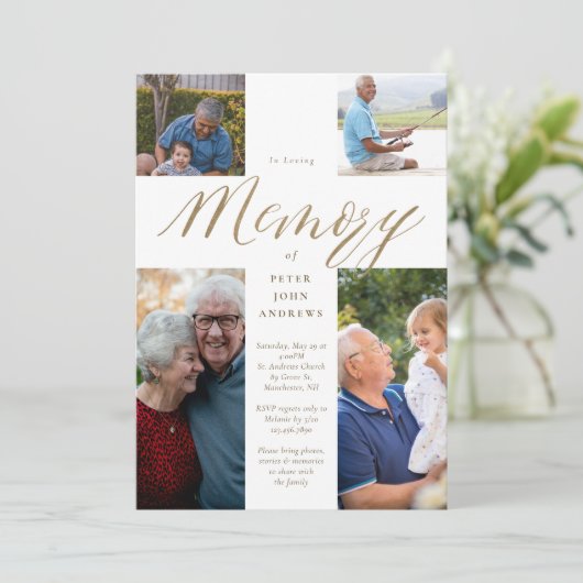 Invitation Calligraphie d'or Photo Cross Love Mémoire funérai (Debout devant)