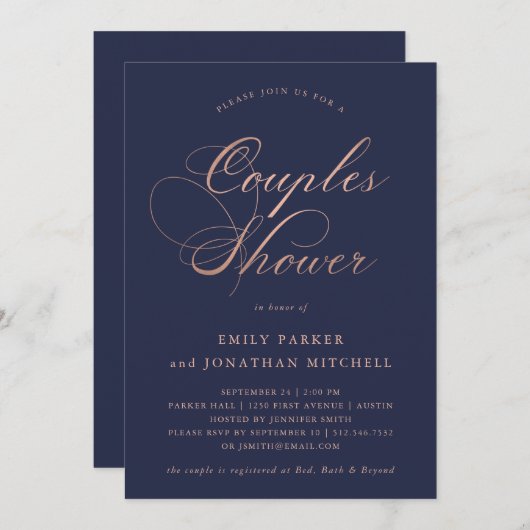 Invitation Calligraphie d'or raffinée Rose Faux Couples Douch (Devant / Derrière)