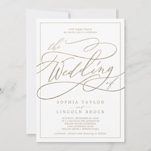 Invitation Calligraphie d'or romantique | Frame Le Mariage De (Devant)