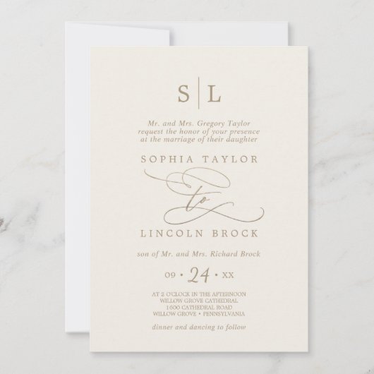 Invitation Calligraphie d'or romantique | Mariage officiel iv (Devant)