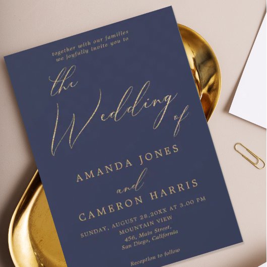 Invitation Calligraphie d'or romantique Marine Mariage photo 