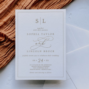 Invitation Calligraphie d'or romantique Monogramme Mariage In