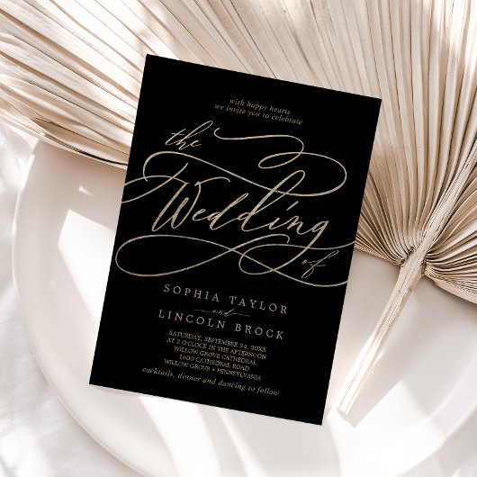 Invitation Calligraphie d'or romantique | Noir Le Mariage De