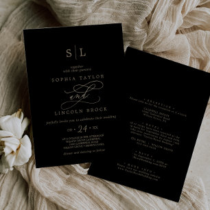 Invitation Calligraphie d'or romantique Noir tout en un Maria