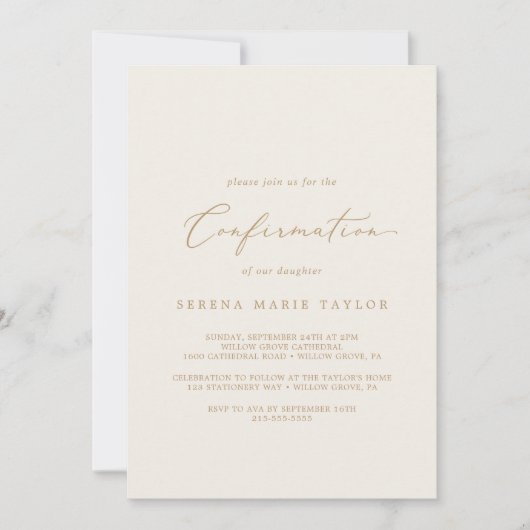 Invitation Calligraphie dorée délicate | Confirmation crème (Devant)
