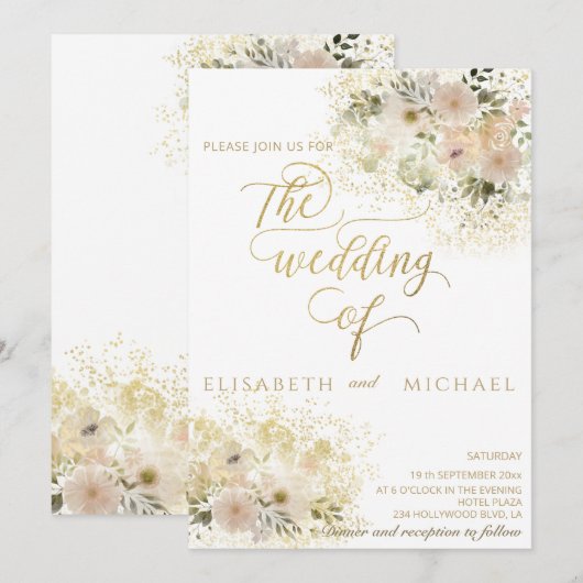 Invitation Calligraphie dorée florale romantique rose tendre (Devant / Derrière)