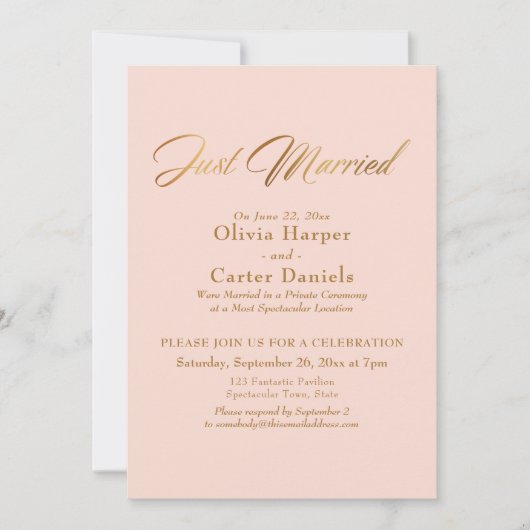 Invitation Calligraphie dorée Mariés Réception rose blush (Devant)