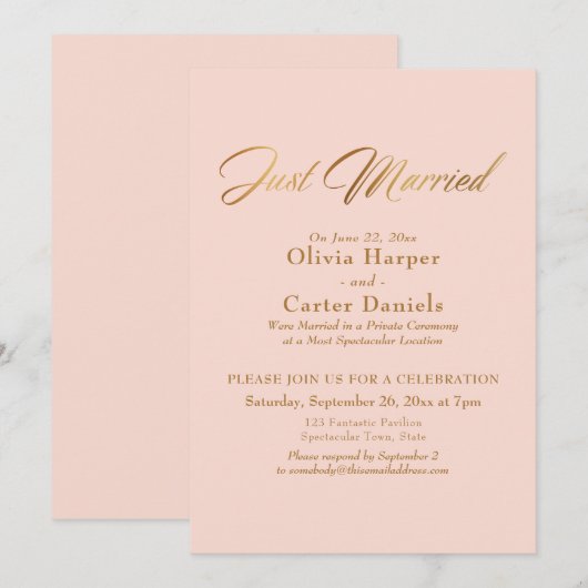 Invitation Calligraphie dorée Réception Mariage tout juste cé (Devant / Derrière)