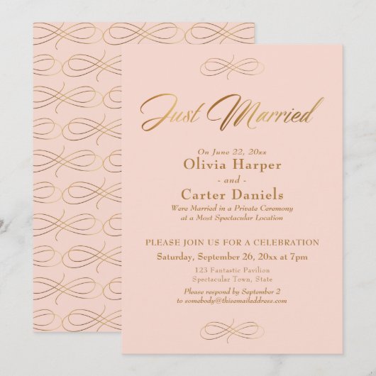 Invitation Calligraphie dorée Réception Mariage tout juste ro (Devant / Derrière)