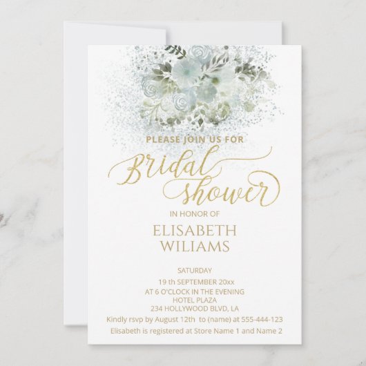 Invitation Calligraphie dorée romantique bleu-duché (Devant)