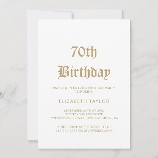 Invitation Calligraphie dorée sophistiquée pour 70 ans (Devant)