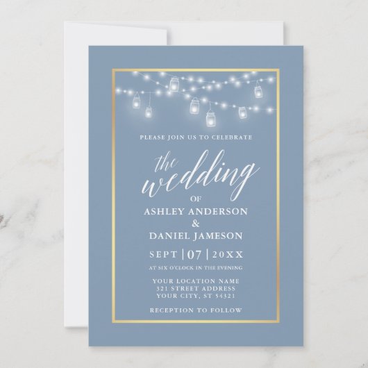 Invitation Calligraphie Dusty Blue Jar Lights Mariage or (Devant)