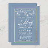 Invitation Calligraphie Dusty Blue Jar Lights Mariage or (Devant / Derrière)