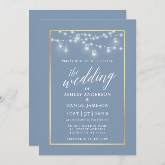 Invitation Calligraphie Dusty Blue Jar Lights Mariage or (Devant / Derrière)