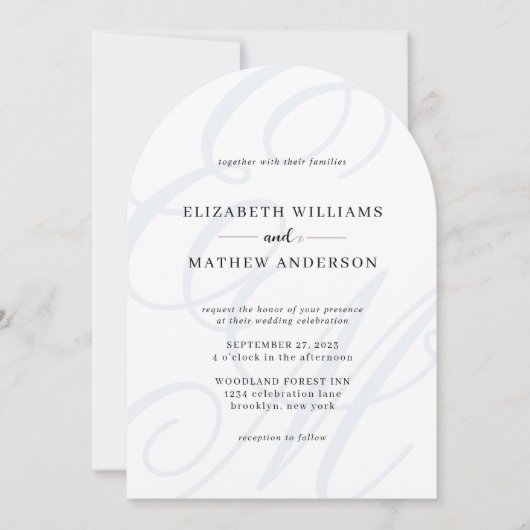 Invitation Calligraphie Dusty Blue Monogram Arch Mariage (Devant)