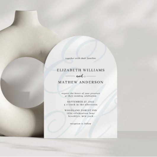 Invitation Calligraphie Dusty Blue Monogram Arch Mariage