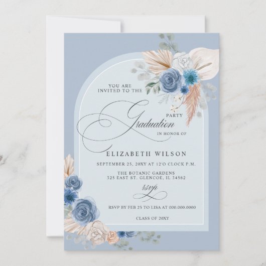 Invitation Calligraphie Dusty Blue Pampas Photo Graduation (Devant)