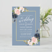 Invitation Calligraphie Dusty Blue Rose Floral Gold Frame (Debout devant)