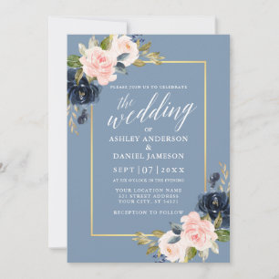 Invitation Calligraphie Dusty Blue Rose Floral Gold Frame