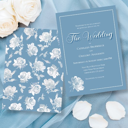 Invitation Calligraphie écriture dusty blue fleurs blanches m