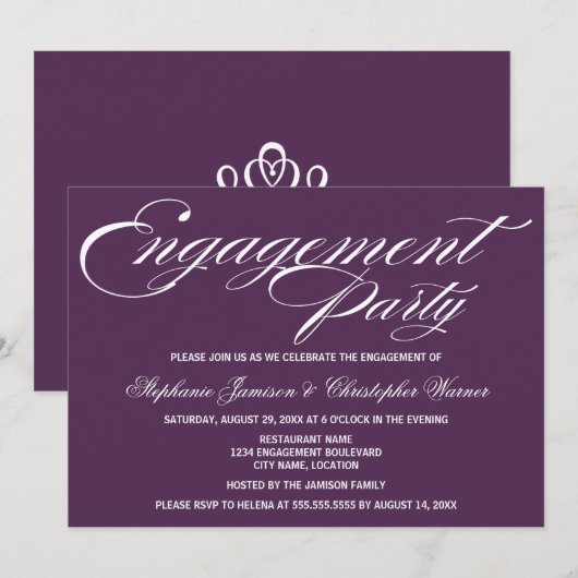 Invitation Calligraphie Elégance Eggplant Engagement Partie (Devant / Derrière)