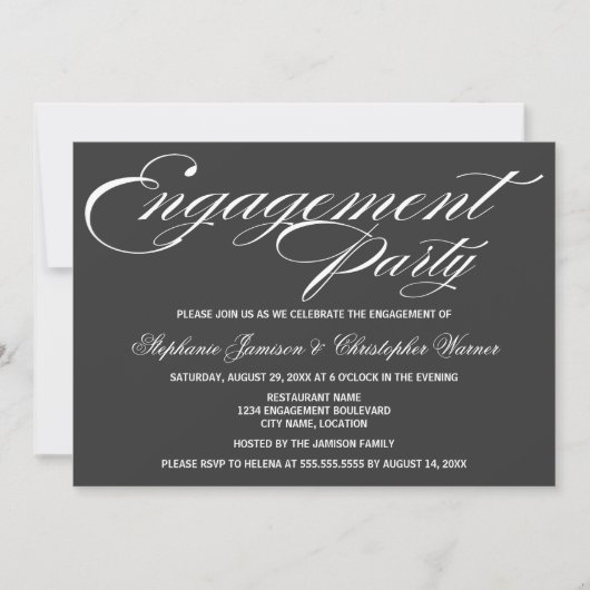 Invitation Calligraphie Élégance Gris Fête de Fiançailles (Devant)