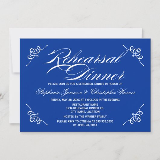 Invitation Calligraphie Élégance Royal Blue Rehearer Dîner (Devant)