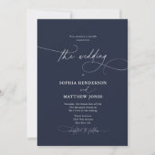 Invitation Calligraphie Elegant QR Code Marine Mariage bleu (Devant)