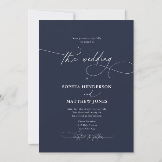 Invitation Calligraphie Elegant QR Code Marine Mariage bleu (Devant)