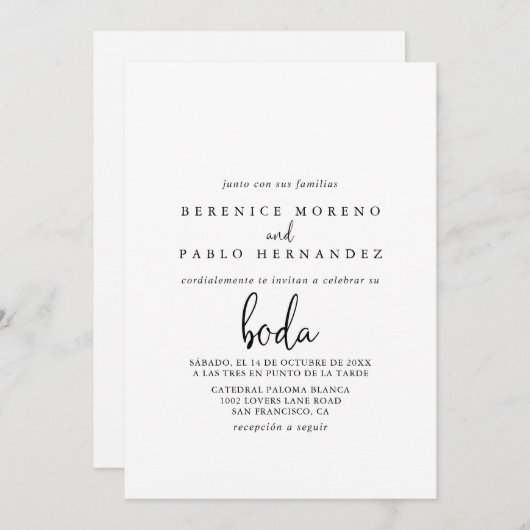 Invitation Calligraphie Élégant Script Mariage espagnol (Devant / Derrière)