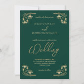 Invitation Calligraphie élégante & Art déco or & mariage vert (Devant)