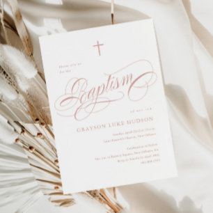Invitation Calligraphie Élégante Baptême Fille Rose Poussiére