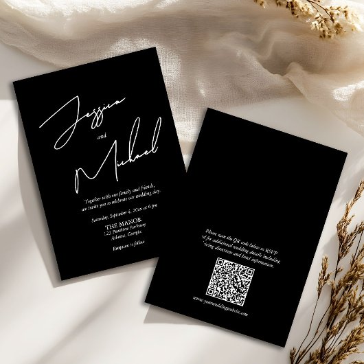 Invitation Calligraphie élégante Code QR noir et blanc