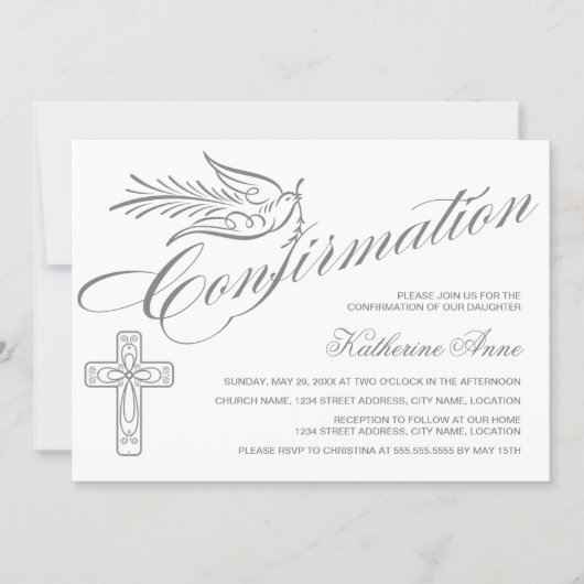 Invitation Calligraphie élégante Croix et Colombe Confirmatio (Devant)