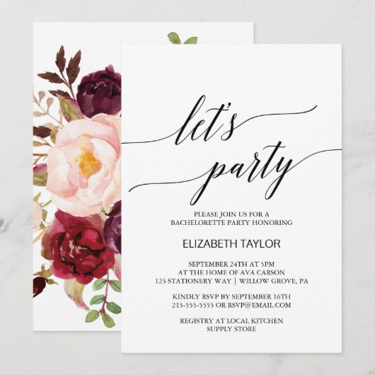 Invitation Calligraphie Élégante | Fleurs Faisons la Fête (Devant / Derrière)